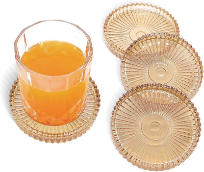 VIBRATITE 4 Inch Glass Coasters Set of 4, Amber Round Drink Coasters