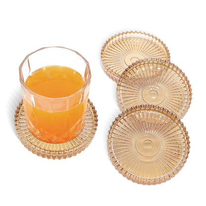 VIBRATITE 4 Inch Glass Coasters Set of 4, Amber Round Drink Coasters