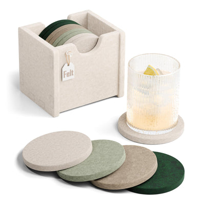 Fluxynara Felt Coasters with Holder, Set of 8 for Drinks, Sage