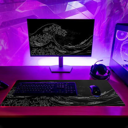Brecoy Japanese Sea Wave Large Mouse Pad, Anime Black Gaming, Extended Kanagawa Mat Desk Pad, 3mm Thick Long Non-Slip Rubber Base Mice Pad, 31.5 X 11.8 Inch