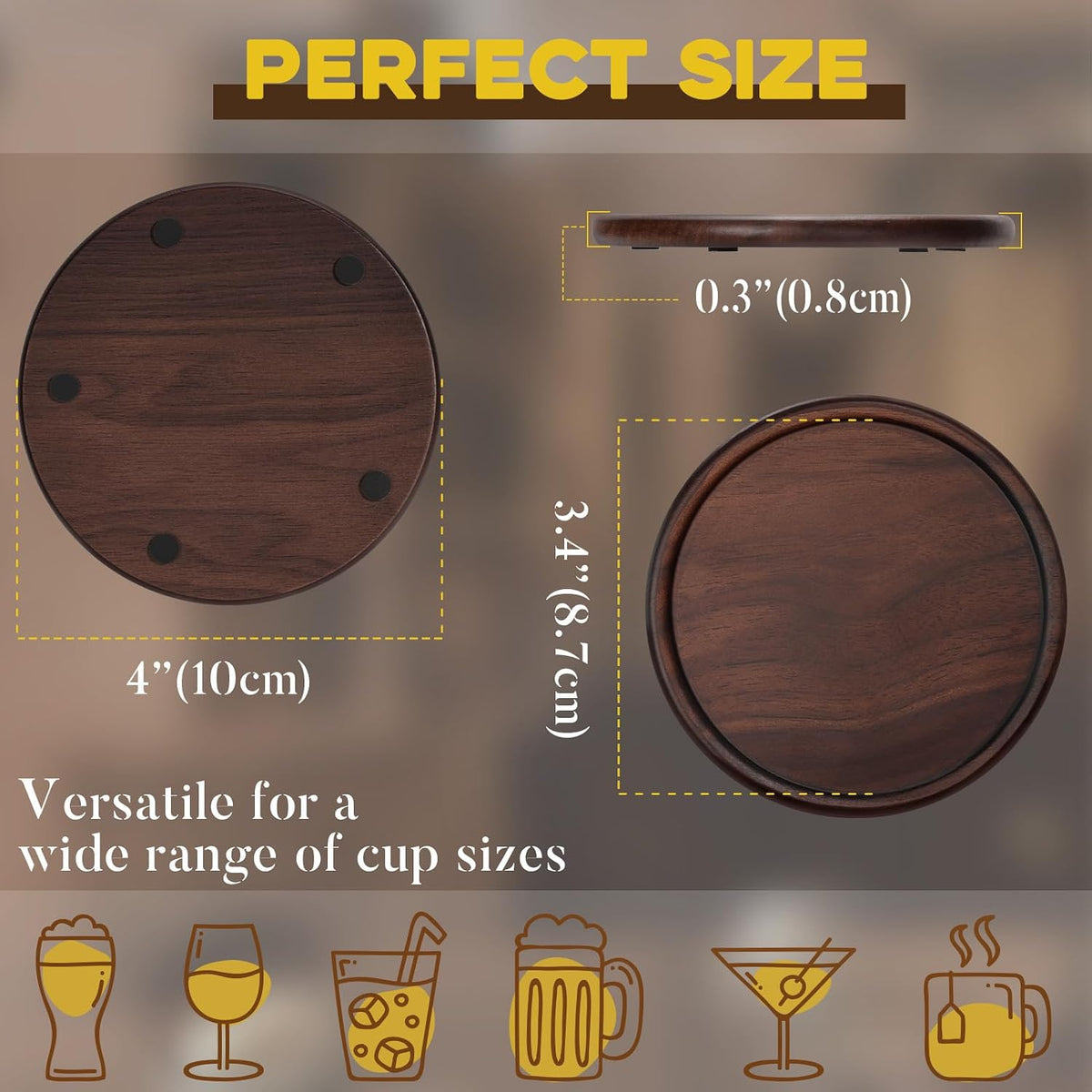 Wood Coasters Set of 8 with Leather Holder, 100% Wooden Coasters for Drinks