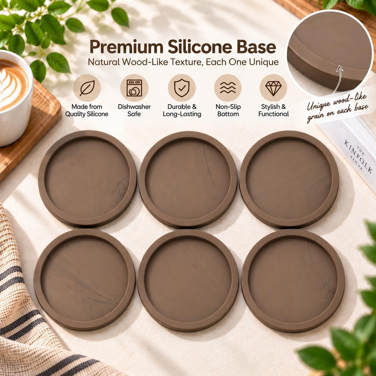 Absorbent Coasters for Drinks with Holder - 6packs, Silicone Coasters with Soft Felt Insert, Dual-Sided 3 Wood-Themed Patterns, Reusable Table Protection Mats for Coffee/Tea/Wine/Cans