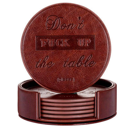 Funny Coasters, Thipoten 6 Pcs Leather Coasters with Holder, Perfect Housewarming Hostess Gifts, Protect Furniture from Water Marks Scratch and Damage(6Pcs, Black)