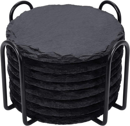 Slate Coasters Set of 8 with Metal Holder, Modern Stone Coasters for Drinks