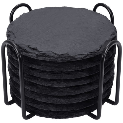 Slate Coasters Set of 8 with Metal Holder, Modern Stone Coasters for Drinks