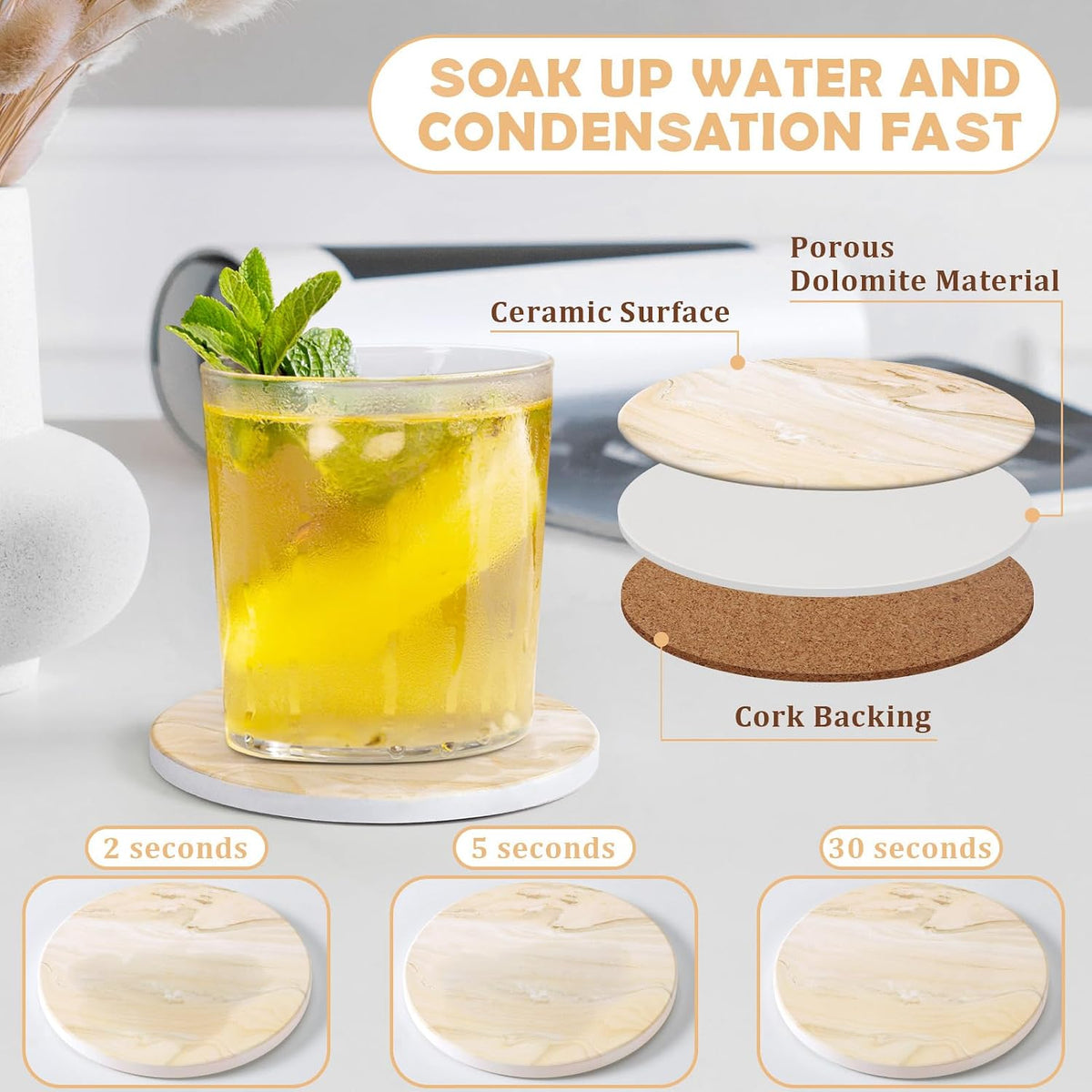 Absorbent Ceramic Coasters Set of 4, Modern Marble Style Drink Coasters