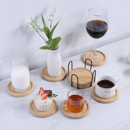 4 Inch Bamboo Drink Coasters Set with Holder, Non-Slip and Non-Stick,Protect Furniture from Water Stains and Heat Damage，Suitable for Dining Tables, Kitchens, Offices, Bars,Terrace. 【8 Pack】