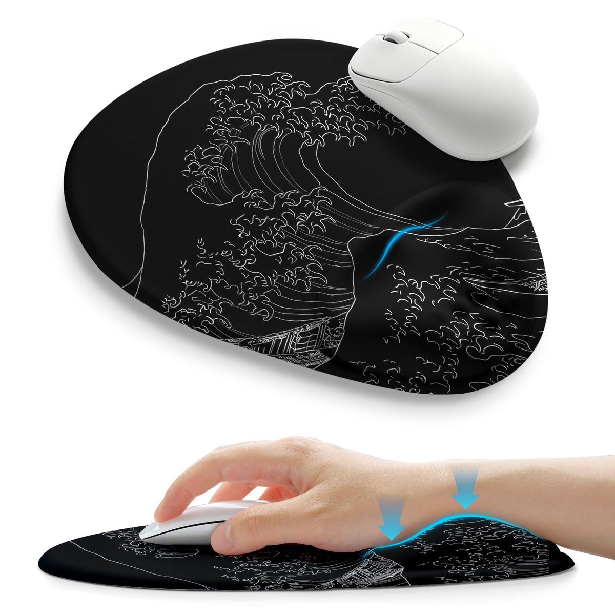Palm-Rest and Wrist-Hugging Mouse Pad Wrist Rest, Ergonomic Wrist Support with Curve Fitting Cushioned Memory Foam for Carpal Tunnel Pain Relief, 9.9 x 8.3 Inch, Dark Night Black