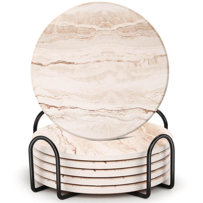 Acejoz Drink Coasters with Holder for Coffee Table, Absorbent Coasters Set of 6, Marble Style Ceramic Coaster for Wooden Table, Suitable for Kinds of Cups, Home Decor, 4 Inches(Blue)