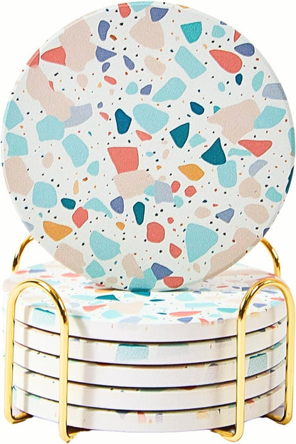 Terrazzo Coasters Set of 6, Colorful Boho Absorbent Ceramic Coasters