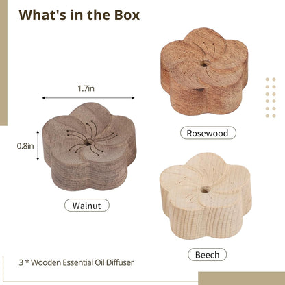 3 PCS Wooden Essential Oil Diffuser, Natural Wood Aromatherapy Diffuser, Small Plum Blossom Car Wood Desktop Air Freshener for Home, Offices, Yoga, Sauna, SPA