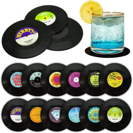 Vintage Vinyl Record Coasters 12-Piece Set - Non-Slip Absorbent Drink Coasters, Ideal Gift for Music Enthusiasts & Retro Decor(M3)