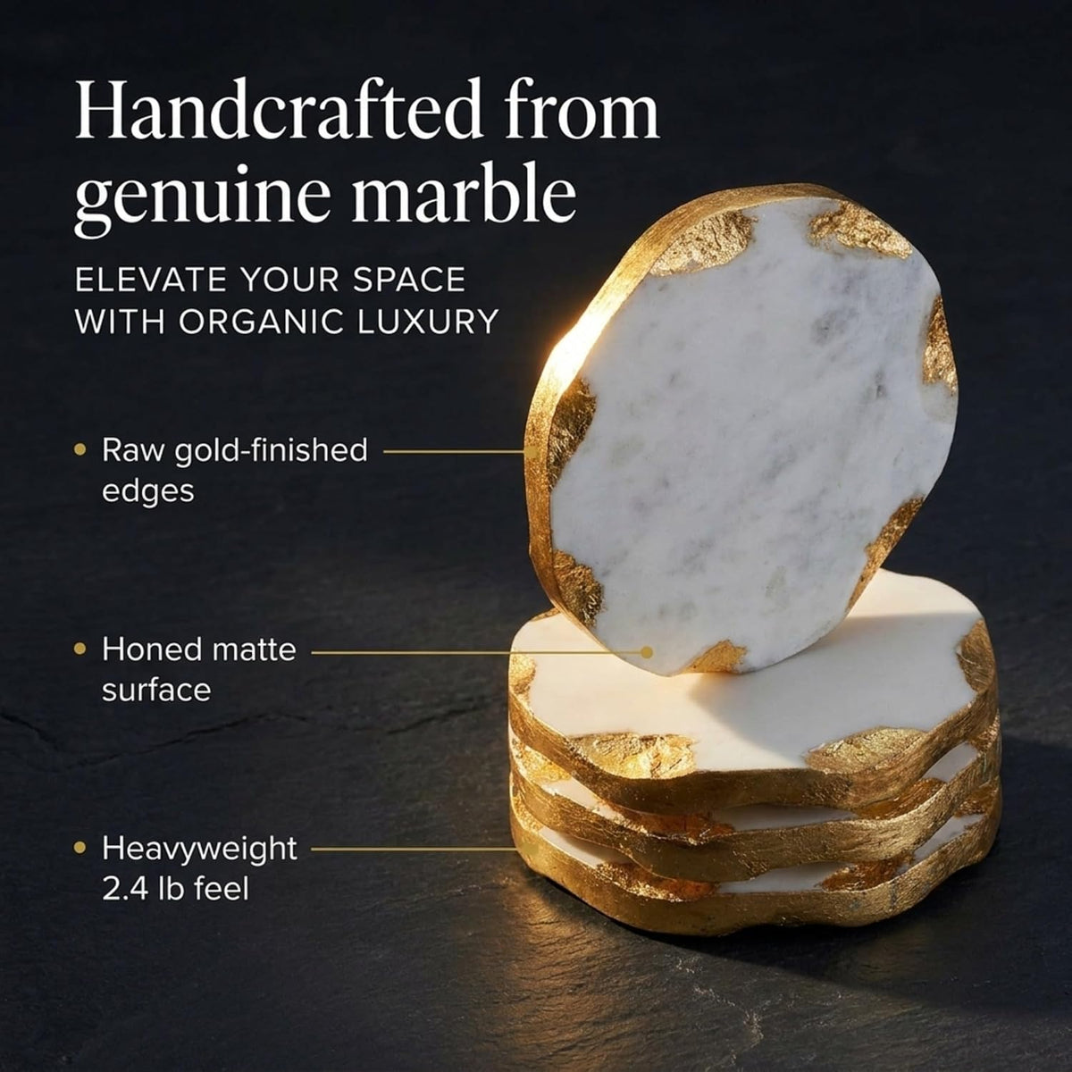 Godinger Marble Coasters Set of 4, Round Gold Edge Drink Coasters for Table