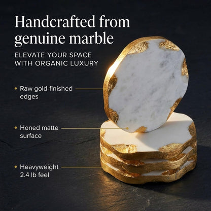 Godinger Marble Coasters Set of 4, Round Gold Edge Drink Coasters for Table