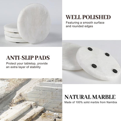 Koville Marble Coaster Set of 4, Round White Coasters, 4" Cup Coasters for Drinks, Heat Resistant Coaster for Coffee Table Home Office Bar Decor(Namib Fantasy)