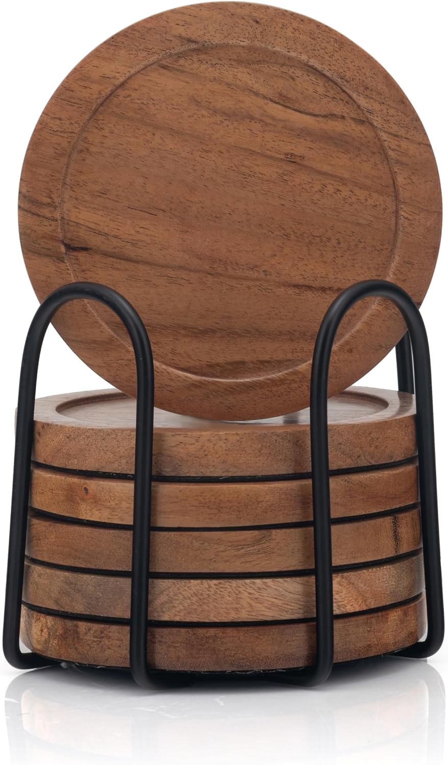 Acacia Wood Round Coasters Set of 6 with Holder – Absorbent Drink Coasters for Coffee & Dining Tables, Farmhouse Home Decor Bar Accessories, Housewarming Gift