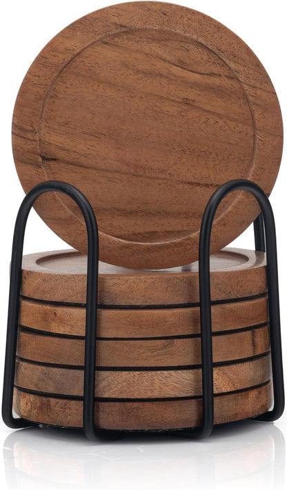 Acacia Wood Round Coasters Set of 6 with Holder – Absorbent Drink Coasters for Coffee & Dining Tables, Farmhouse Home Decor Bar Accessories, Housewarming Gift