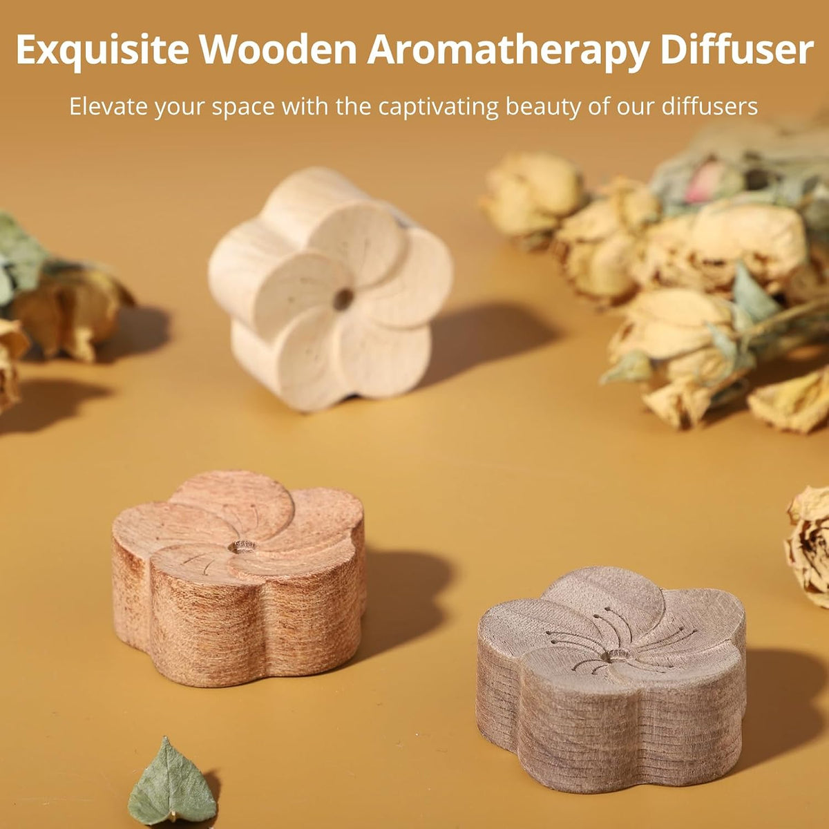 3 PCS Wooden Essential Oil Diffuser, Natural Wood Aromatherapy Diffuser, Small Plum Blossom Car Wood Desktop Air Freshener for Home, Offices, Yoga, Sauna, SPA