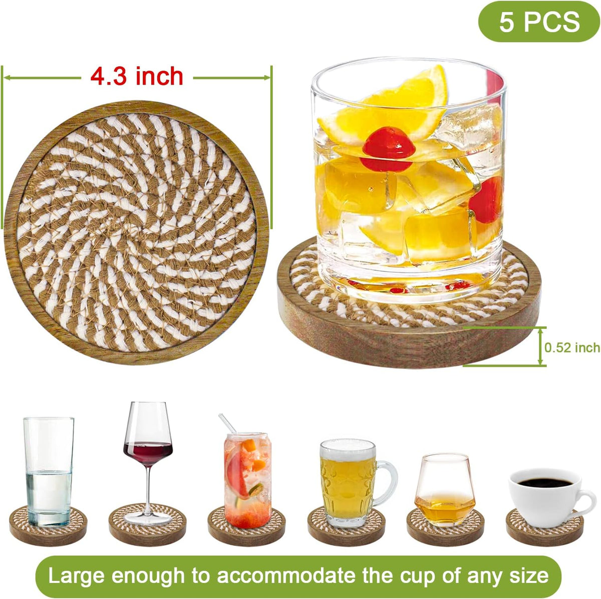 Eykao 5 Pack Coasters for Drinks Absorbent, 4.3 inches Woven Coasters for Coffee Tables, Wooden Drink Coasters for Table Protection, Reusable Drink Coasters for Kitchen, Farmhouse, Bar, Office, Brown