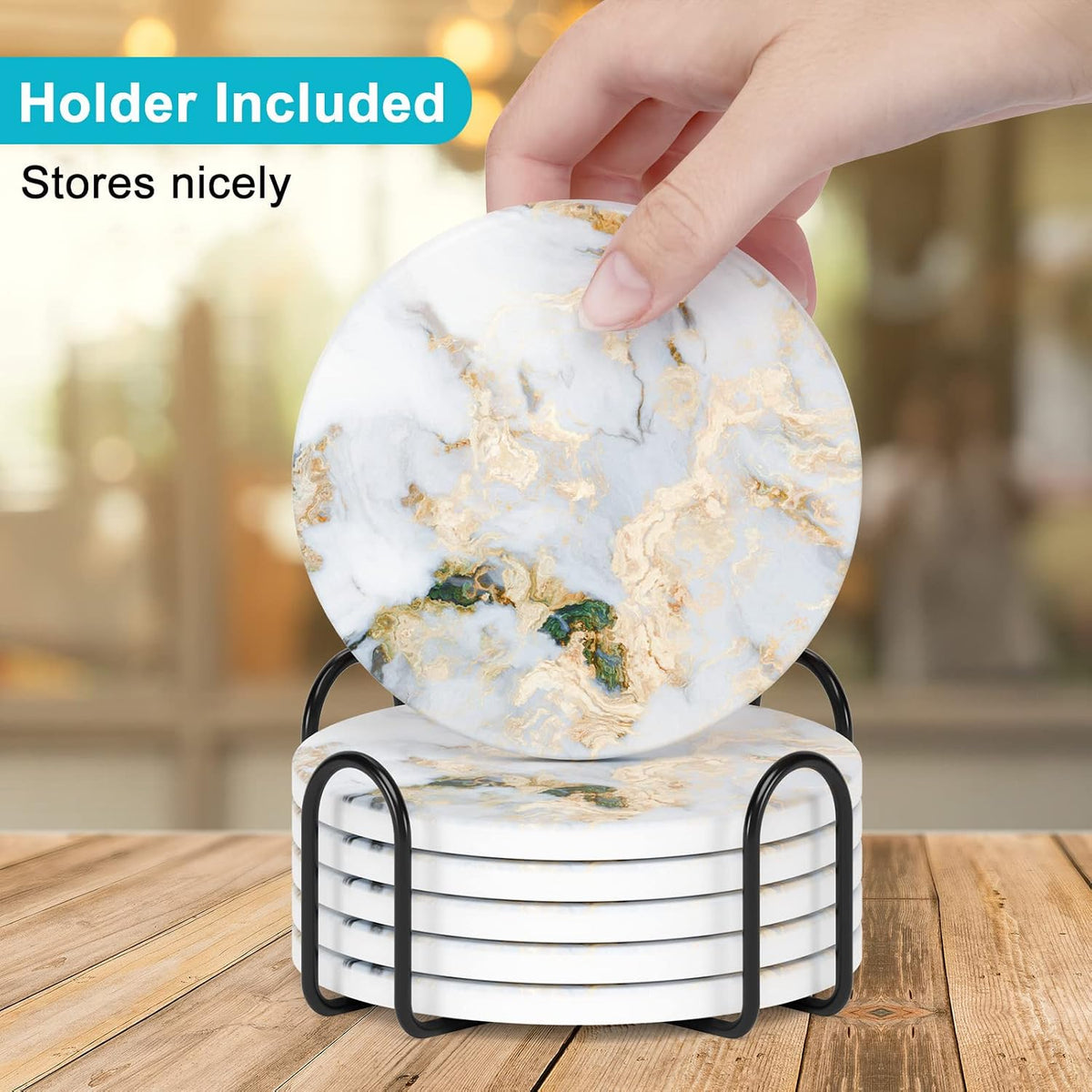 Nipichsha Coasters for Drinks, Set of 6 Cute Absorbent Ceramic Drink Coasters for Cup with Holder and Cork Base, Kitchen Home Decor Housewarming Gift, Round 4 in, White Gray Gold