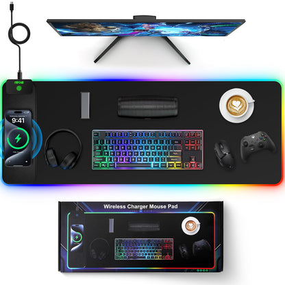 XXL Mouse Pad with Phone Holder - Black, RGB Desk Mat with 15W Fast Charging, LED Gaming Mousepad with 11 Light Colors, Waterproof Non-Slip Pad for Office & Home (Black with PD Adapter)