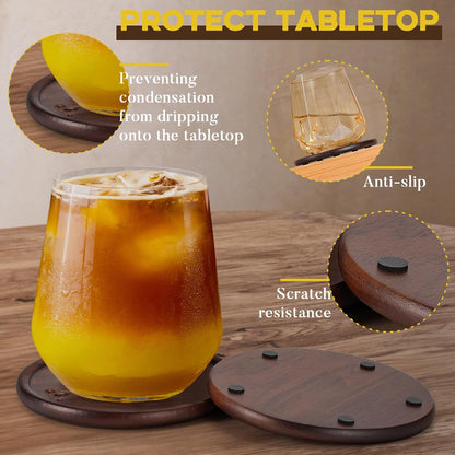 Wood Coasters Set of 8 with Leather Holder, 100% Wooden Coasters for Drinks