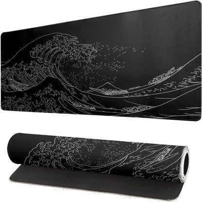 Brecoy Japanese Sea Wave Large Mouse Pad, Anime Black Gaming, Extended Kanagawa Mat Desk Pad, 3mm Thick Long Non-Slip Rubber Base Mice Pad, 31.5 X 11.8 Inch