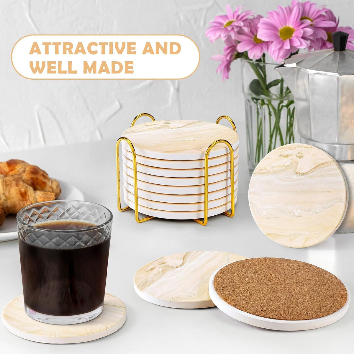 Absorbent Ceramic Coasters Set of 4, Modern Marble Style Drink Coasters