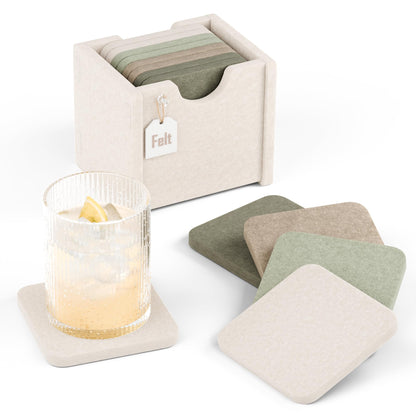Fluxynara Felt Coasters with Holder, Set of 8 for Drinks, Sage