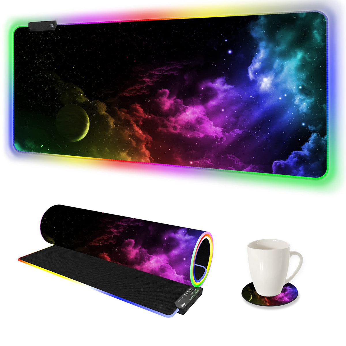 AIMSA RGB Gaming Mouse Pad Extended, Large Led Mousepads Non-Slip Rubber Base with 14 Lighting Modes, Computer Keyboard Mat Soft Desk pad Waterproof 35.4 x 15.8 inches, Galaxy Nebula Universe