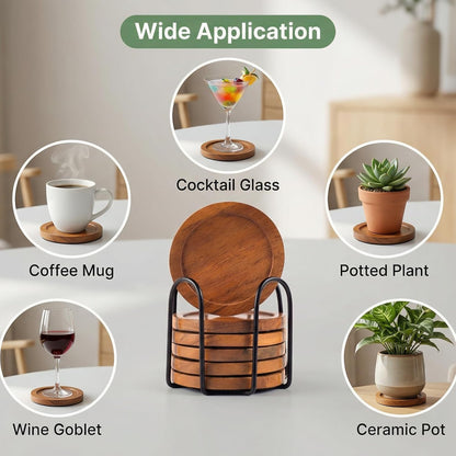 Acacia Wood Round Coasters Set of 6 with Holder – Absorbent Drink Coasters for Coffee & Dining Tables, Farmhouse Home Decor Bar Accessories, Housewarming Gift