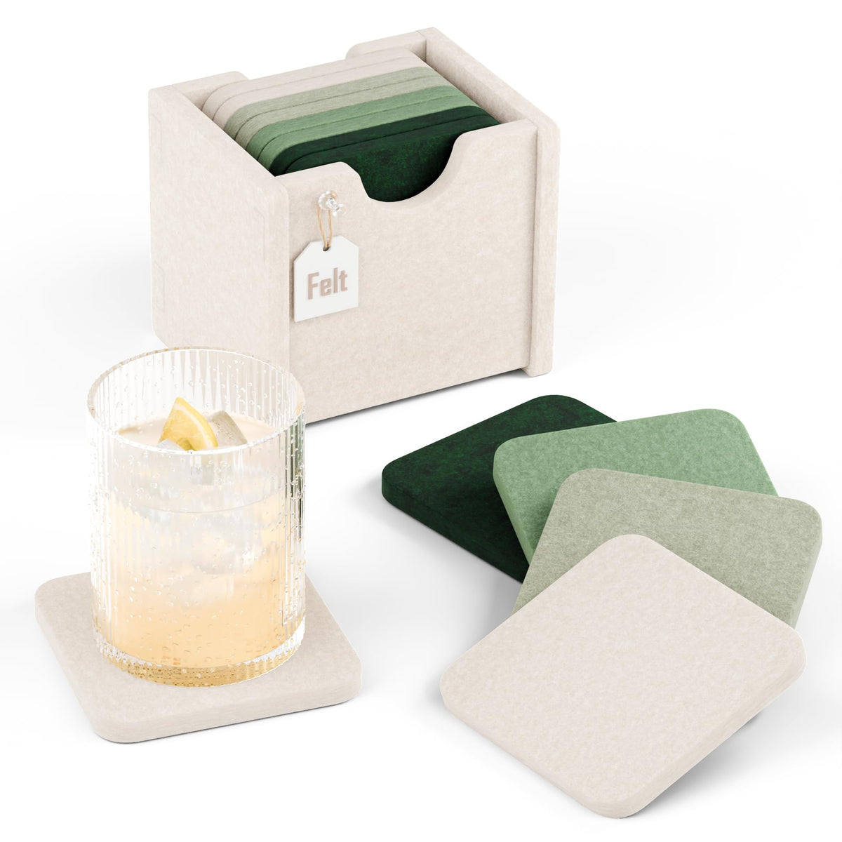 Fluxynara Felt Coasters with Holder, Set of 8 for Drinks, Sage