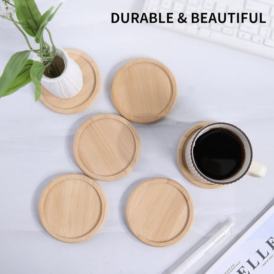 4 Inch Bamboo Drink Coasters Set with Holder, Non-Slip and Non-Stick,Protect Furniture from Water Stains and Heat Damage，Suitable for Dining Tables, Kitchens, Offices, Bars,Terrace. 【8 Pack】