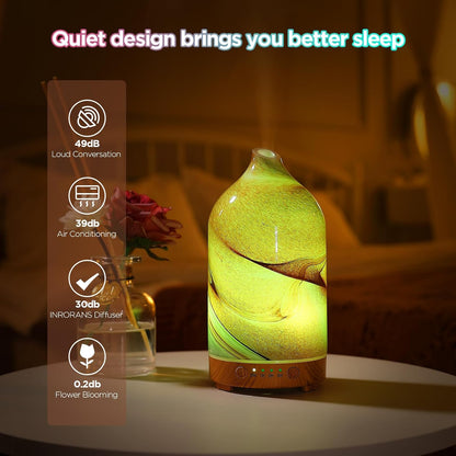 Essential Oil Diffuser Hand Blown Glass Aromatherapy Diffuser - Ultrasonic Cool Mist Scent Aroma Diffuser, Whisper Quiet with Auto Shut-Off, Timer Setting &7 Colors Night Light for Home