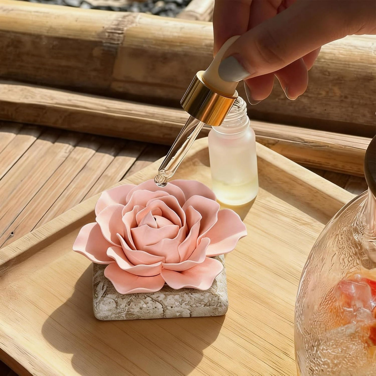 Ceramic Passive Essential Oil Diffuser, Aesthetic Desktop Handmade Flower & Concrete Base, Porcelain Aromatherapy Oils Diffuser for Home, Office, Yoga, Spa Room (Pink Peony)