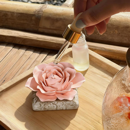 Ceramic Passive Essential Oil Diffuser, Aesthetic Desktop Handmade Flower & Concrete Base, Porcelain Aromatherapy Oils Diffuser for Home, Office, Yoga, Spa Room (Pink Peony)