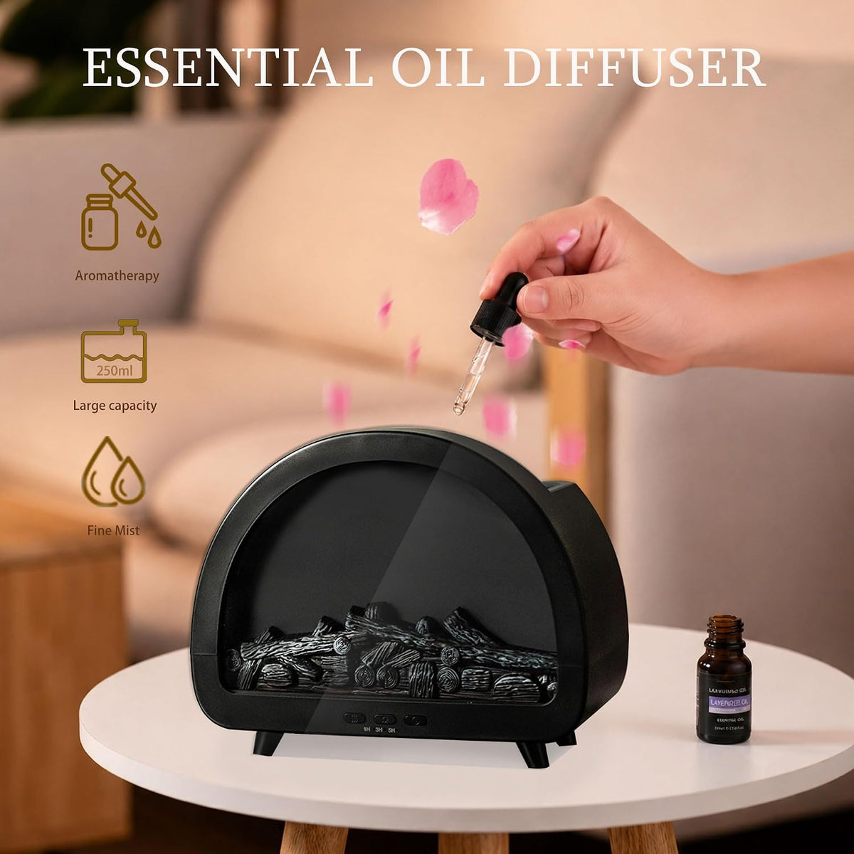 2026 Upgraded 12 Color Flame Fireplace Aroma Essential Oil Diffuser,250ml USB Desktop Noiseless Cool Mist Humidifier with Timer Auto-Off Protection for Home,Office, Gift (Black, Arched)