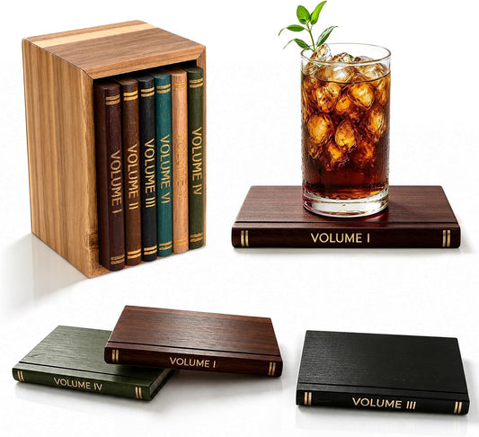 Book Coasters Set of 6 | Wood Coasters - Book-Style Decorative Wooden Coasters for Drinks with Stand | Vintage Novelty Bar Coasters for Coffee, Tea & Cocktail | Unique Library Decor Accent Gift