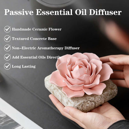 Ceramic Passive Essential Oil Diffuser, Aesthetic Desktop Handmade Flower & Concrete Base, Porcelain Aromatherapy Oils Diffuser for Home, Office, Yoga, Spa Room (Pink Peony)