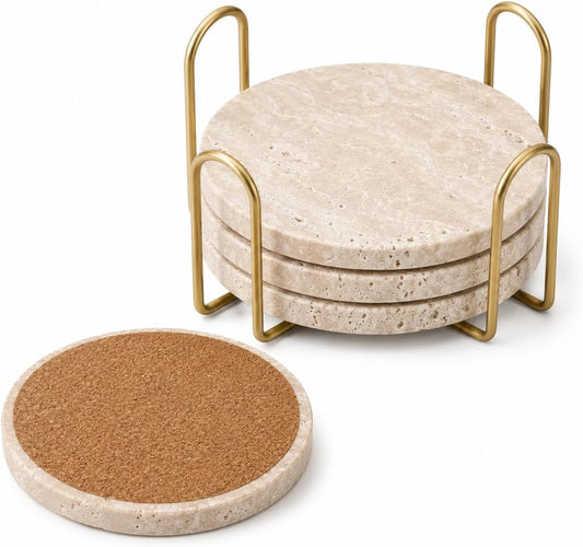 Travertine Coasters with Gold Holder, Set of 4 Natural Stone, Cork Backing
