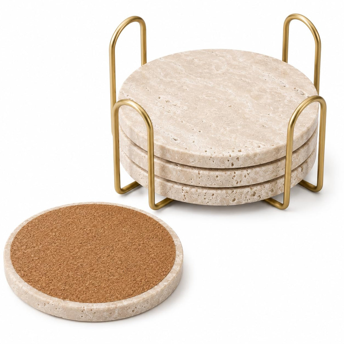 Travertine Coasters with Gold Holder, Set of 4 Natural Stone, Cork Backing