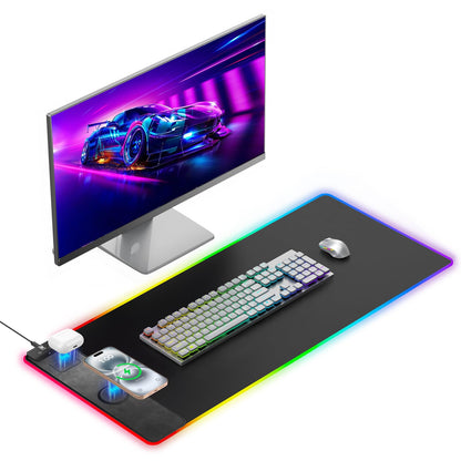 XXL Mouse Pad with Phone Holder - Black, RGB Desk Mat with 15W Fast Charging, LED Gaming Mousepad with 11 Light Colors, Waterproof Non-Slip Pad for Office & Home (Black with PD Adapter)