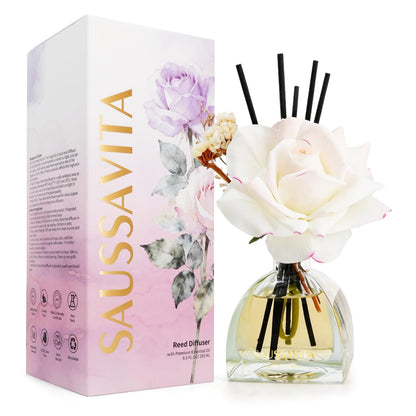 Reed Diffusers Set Flower Scented Diffuser for 140 Days, Flower Diffuser 8.5 fl oz with Dried Flowers and Decorative Rose, Long Lasting Home Fragrance with 10 Sticks for Bathroom, Shelf, Office Decor