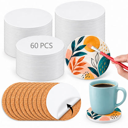 24 Pcs Round Ceramic Tiles for Crafts 4x4 inches，Equipped with self Adhesive Cork mat, unglazed Ceramic Coasters for Crafts,Use with Alcohol Ink or Acrylic Pouring Make Your Own DIY Coasters