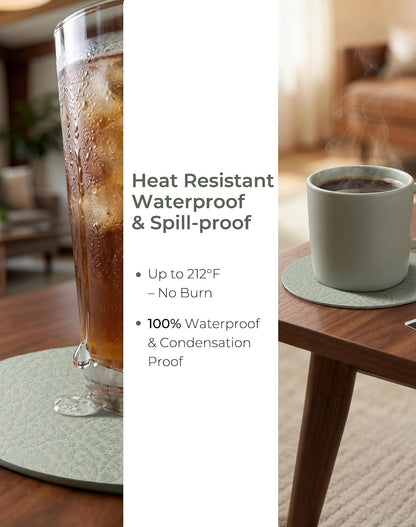 Reversible Leather Coasters Set of 18 with Holder, 4" Round Waterproof Heat-Resistant Non-Slip Cup Mats for Coffee Table, Bar, Dining Room