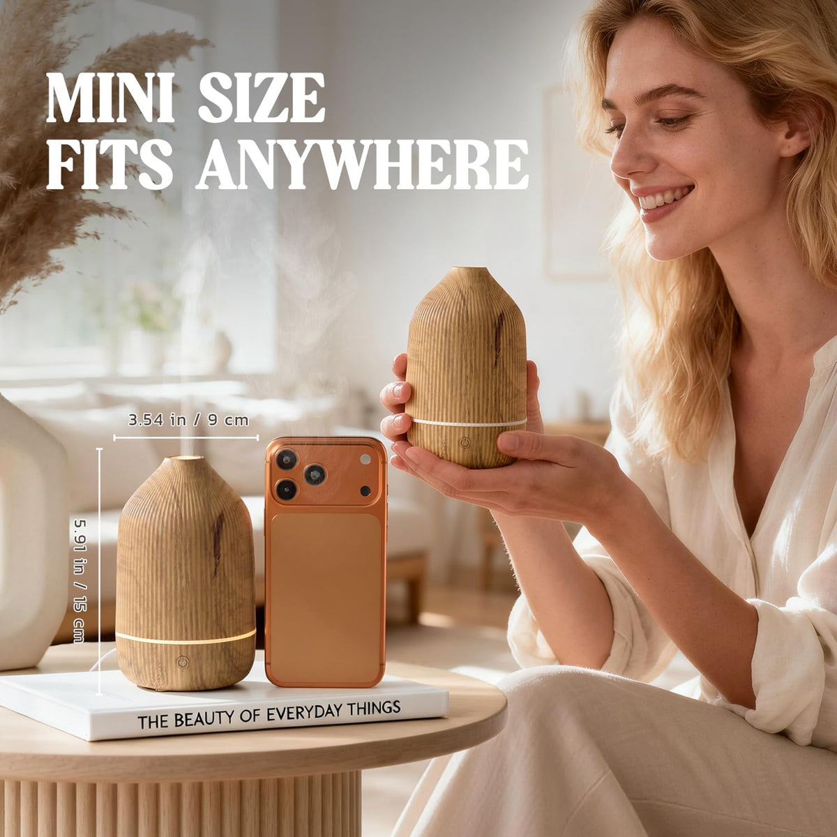 Essential Oil Diffuser, 100ml Aromatherapy Diffuser, Mini Ultrasonic Diffuser for Essential Oil, Home, Office, Cool Mist Humidifier with 7 Led Light, Auto Shut-Off, Wood Grain