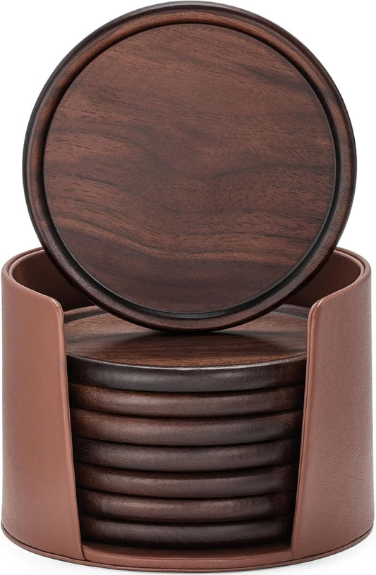Wood Coasters Set of 8 with Leather Holder, 100% Wooden Coasters for Drinks