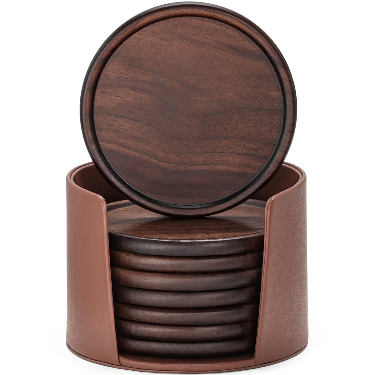 Wood Coasters Set of 8 with Leather Holder, 100% Wooden Coasters for Drinks