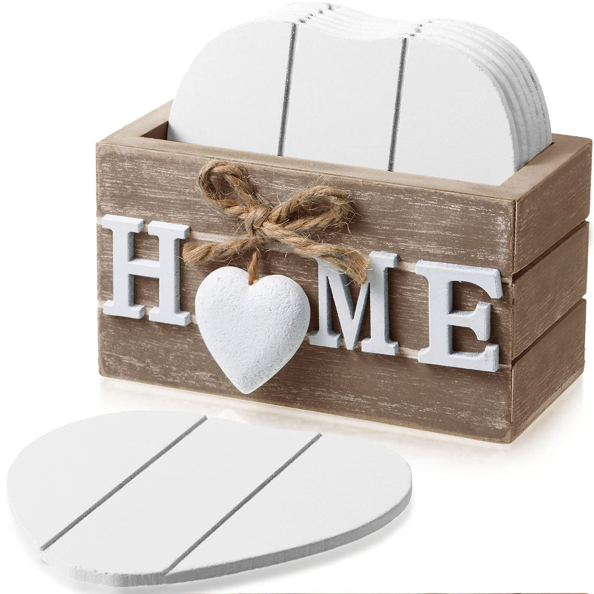 Patelai 6 Pcs Wooden Heart Coasters Set with Holder, Home, Blue