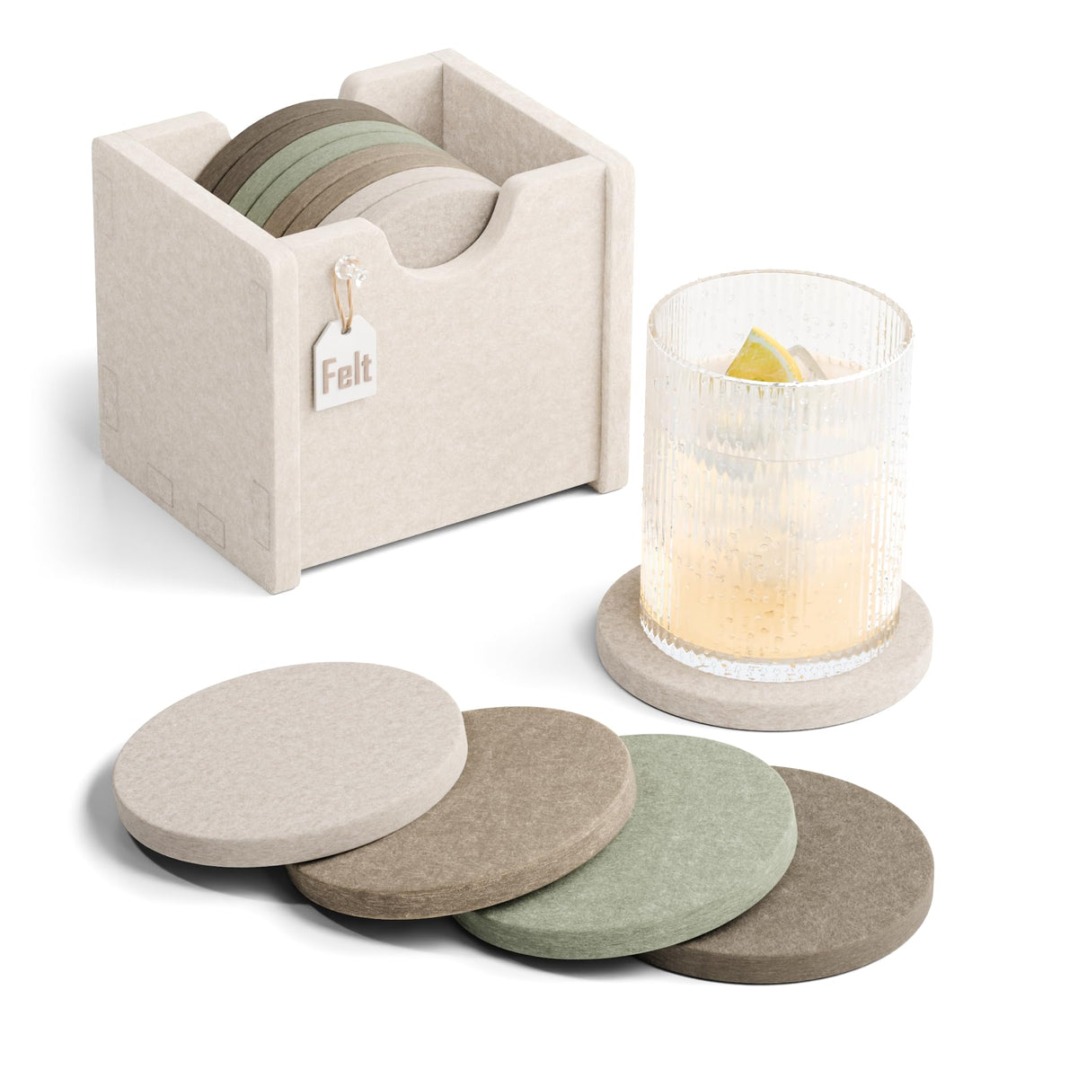 Fluxynara Felt Coasters with Holder, Set of 8 for Drinks, Sage
